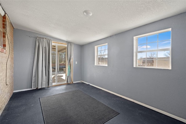 empty room featuring vaulted ceiling, a healthy amount of sunlight, and a textured ceiling