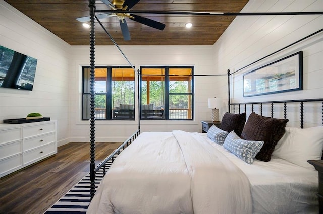 bedroom with dark hardwood / wood-style floors and wood ceiling