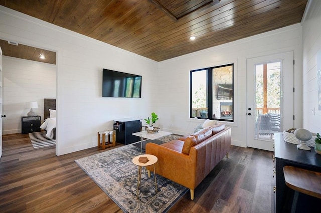 living room with dark hardwood / wood-style floors and wooden ceiling