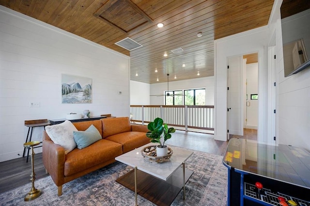 living room with wood ceiling and dark wood-type flooring