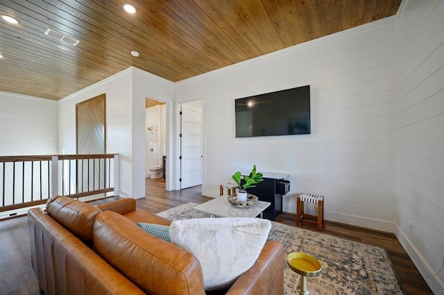 living room featuring wooden ceiling, dark wood-type flooring, and ornamental molding