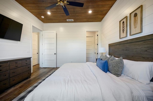 bedroom featuring ceiling fan, dark hardwood / wood-style floors, and wooden ceiling