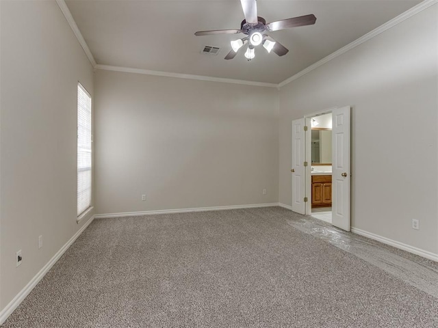 carpeted empty room with crown molding, ceiling fan, and a healthy amount of sunlight