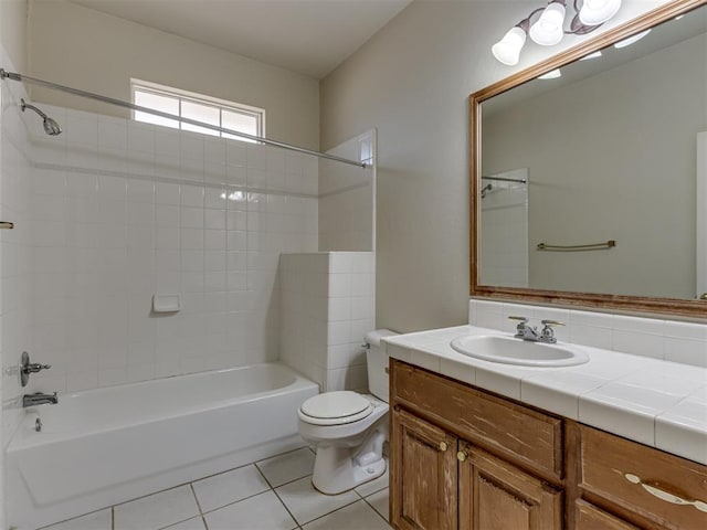 full bathroom featuring toilet, shower / bathing tub combination, vanity, and tile patterned floors