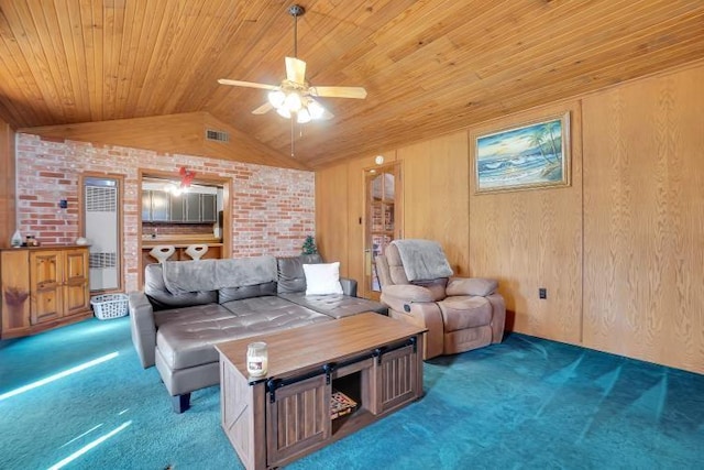 living room with ceiling fan, wooden ceiling, wood walls, vaulted ceiling, and dark carpet