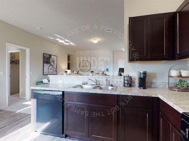 kitchen with sink, light hardwood / wood-style flooring, dark brown cabinetry, black dishwasher, and kitchen peninsula