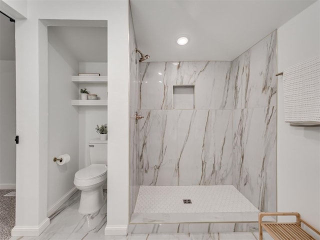 full bathroom featuring a marble finish shower, baseboards, marble finish floor, and toilet