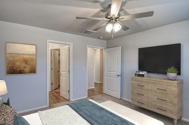 bedroom featuring carpet floors and ceiling fan