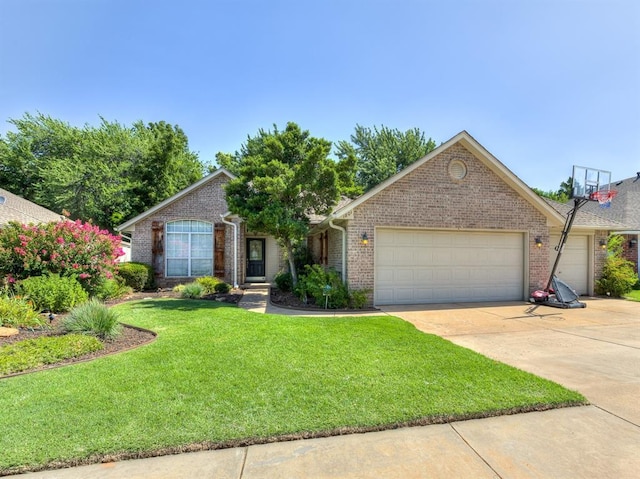 single story home featuring a garage and a front lawn