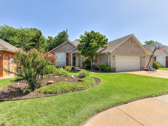 1801 Del Simmons Dr, Edmond, OK 73003 - ranch-style house with a garage, a front lawn, brick siding, and driveway