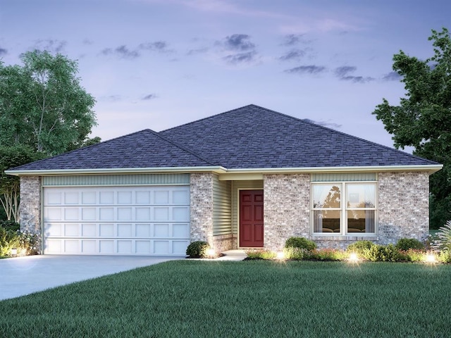 single story home featuring a garage and a front lawn