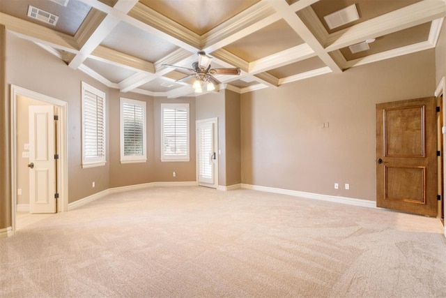 empty room with ornamental molding, coffered ceiling, light colored carpet, and ceiling fan