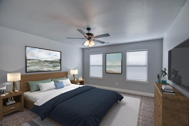 bedroom with ceiling fan and carpet