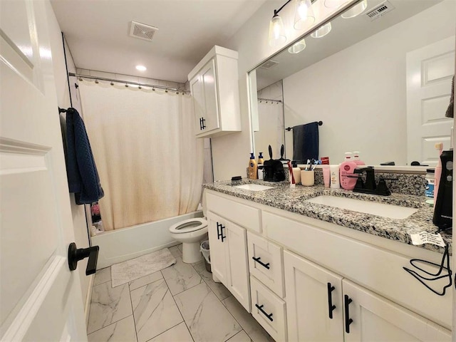 full bathroom featuring vanity, toilet, and shower / bathtub combination with curtain