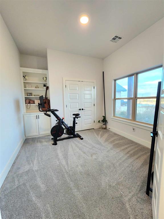 exercise room with built in shelves and light colored carpet