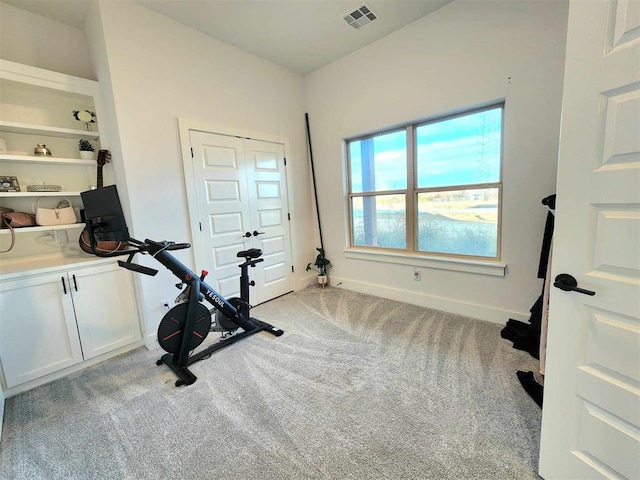 exercise area featuring light colored carpet and built in features