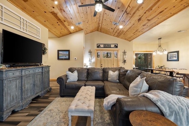 living room featuring lofted ceiling, dark hardwood / wood-style flooring, wood ceiling, and ceiling fan with notable chandelier