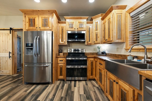 kitchen featuring sink, a barn door, dark hardwood / wood-style flooring, and stainless steel appliances