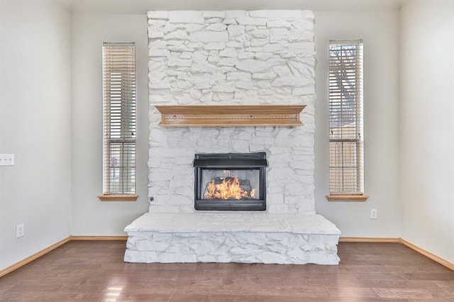 room details featuring a fireplace, baseboards, and wood finished floors