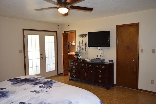 bedroom featuring french doors and ceiling fan