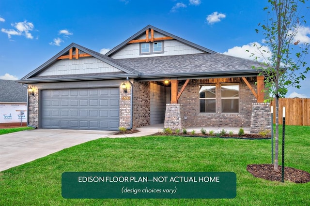 craftsman inspired home featuring a garage and a front lawn