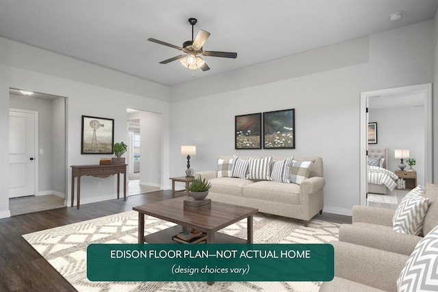 living room with ceiling fan and hardwood / wood-style floors