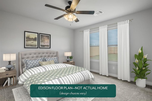 carpeted bedroom with multiple windows and ceiling fan