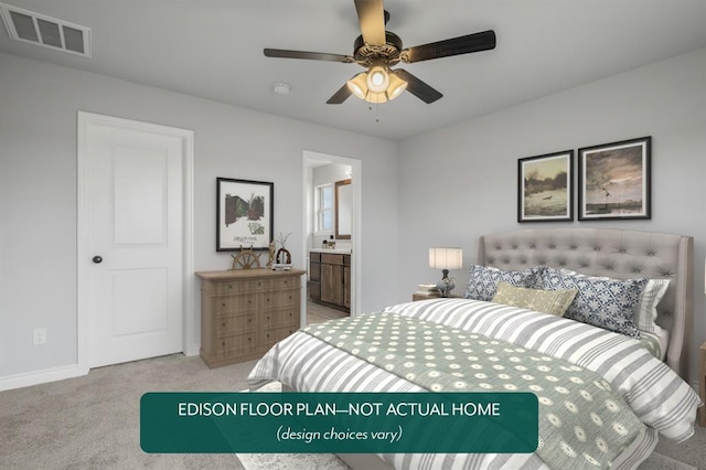 bedroom featuring ensuite bath, ceiling fan, and light colored carpet