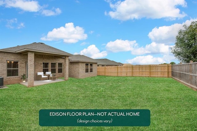 view of yard featuring central air condition unit, outdoor lounge area, and a patio