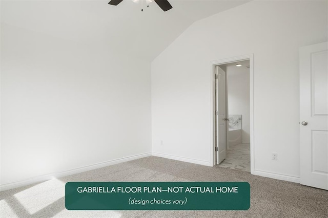 unfurnished bedroom with ensuite bathroom, ceiling fan, light colored carpet, and lofted ceiling