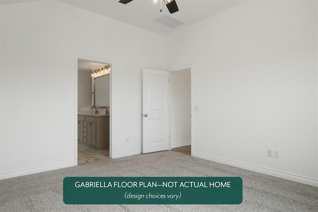 unfurnished bedroom with connected bathroom, light colored carpet, ceiling fan, and sink