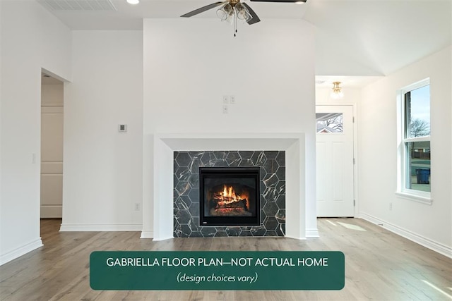 details featuring hardwood / wood-style flooring, ceiling fan, and a fireplace