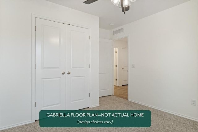 unfurnished bedroom with light colored carpet, a closet, and ceiling fan