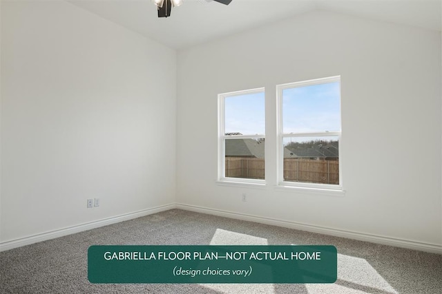 carpeted empty room with ceiling fan and vaulted ceiling