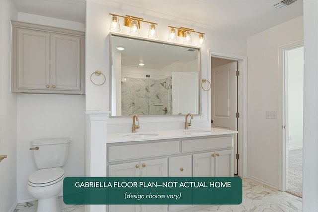 bathroom featuring vanity, toilet, and a shower with shower door