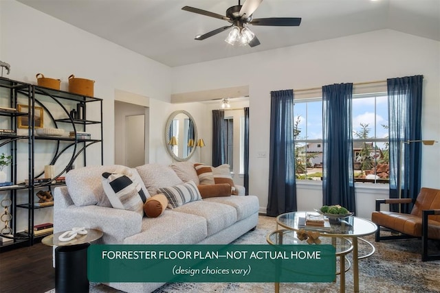 living room with ceiling fan, dark wood-type flooring, and vaulted ceiling