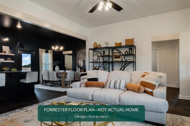 living room featuring ceiling fan and dark wood-type flooring