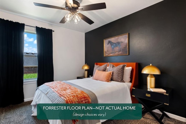 bedroom featuring ceiling fan and carpet floors