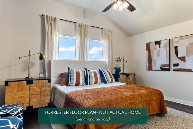 bedroom with ceiling fan, wood-type flooring, and vaulted ceiling