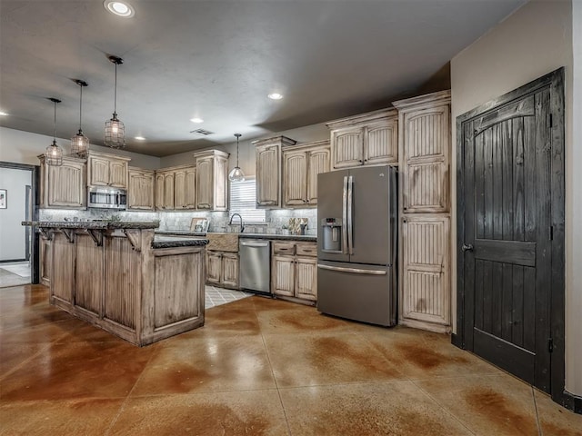 kitchen with stainless steel appliances, visible vents, backsplash, concrete floors, and a kitchen breakfast bar