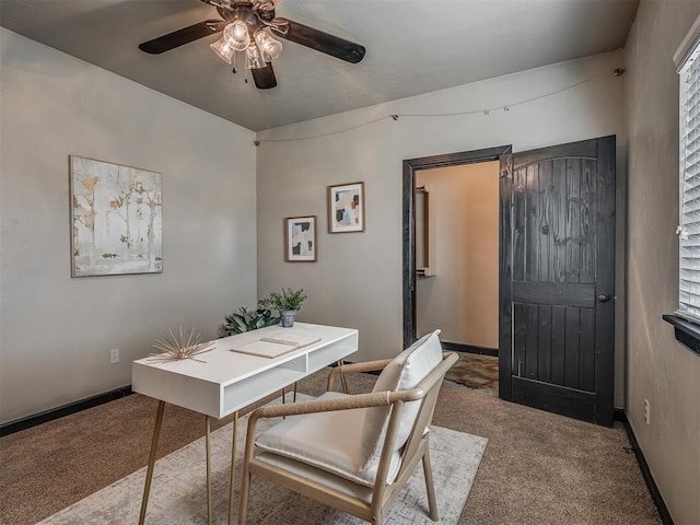 office featuring ceiling fan, carpet floors, and baseboards