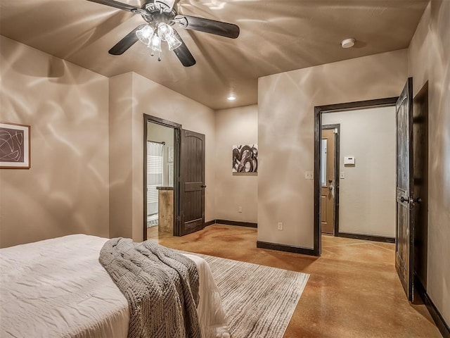 bedroom with concrete floors, baseboards, and a ceiling fan