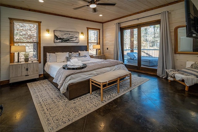 bedroom featuring access to outside, ceiling fan, crown molding, wooden walls, and wooden ceiling