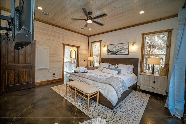 bedroom featuring ensuite bathroom, ceiling fan, crown molding, wooden walls, and multiple windows