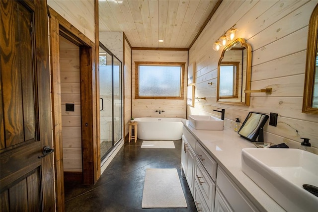 bathroom with vanity, independent shower and bath, wooden walls, and wood ceiling