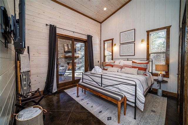 bedroom featuring high vaulted ceiling, wood ceiling, and wood walls