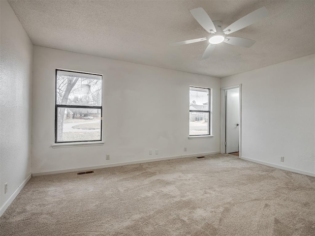 carpeted spare room featuring a wealth of natural light, a textured ceiling, and ceiling fan