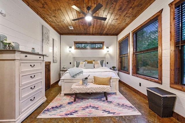 bedroom featuring ceiling fan, wood walls, and wooden ceiling