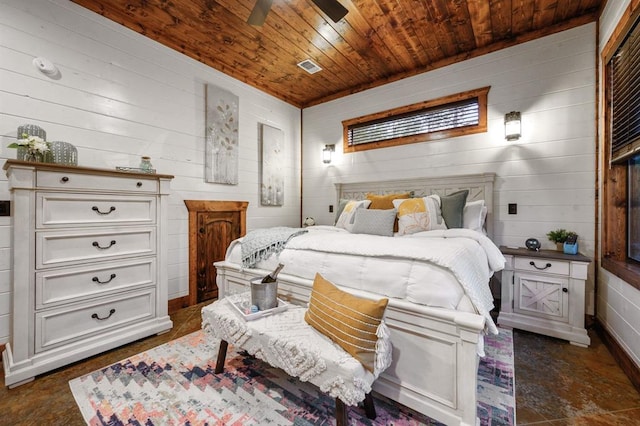 bedroom featuring ceiling fan, wooden walls, and wood ceiling