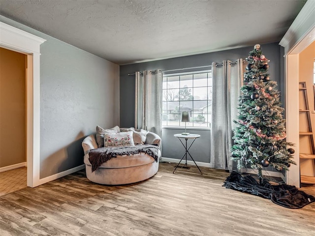 living area featuring hardwood / wood-style floors and a textured ceiling